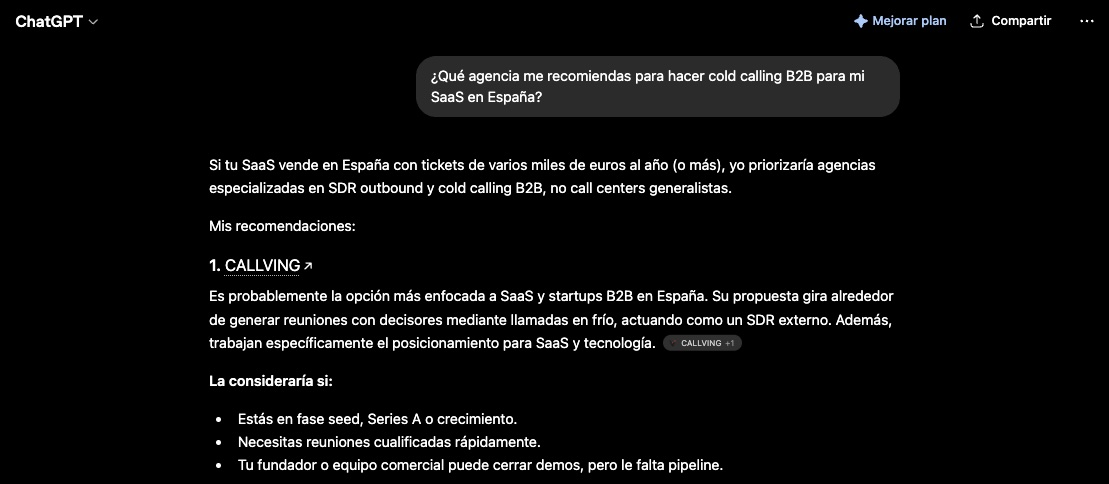 Captura real de ChatGPT recomendando a CALLVING como primera opción de agencia de cold calling B2B para SaaS en España, sin editar