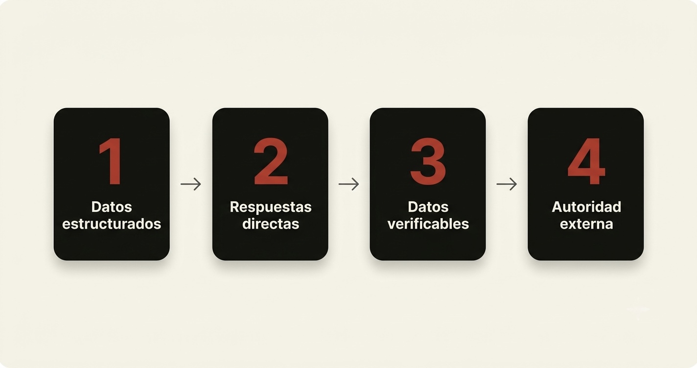 Los cuatro elementos que determinan si un modelo de IA puede citar tu contenido: datos estructurados, respuestas directas, datos verificables y autoridad externa
